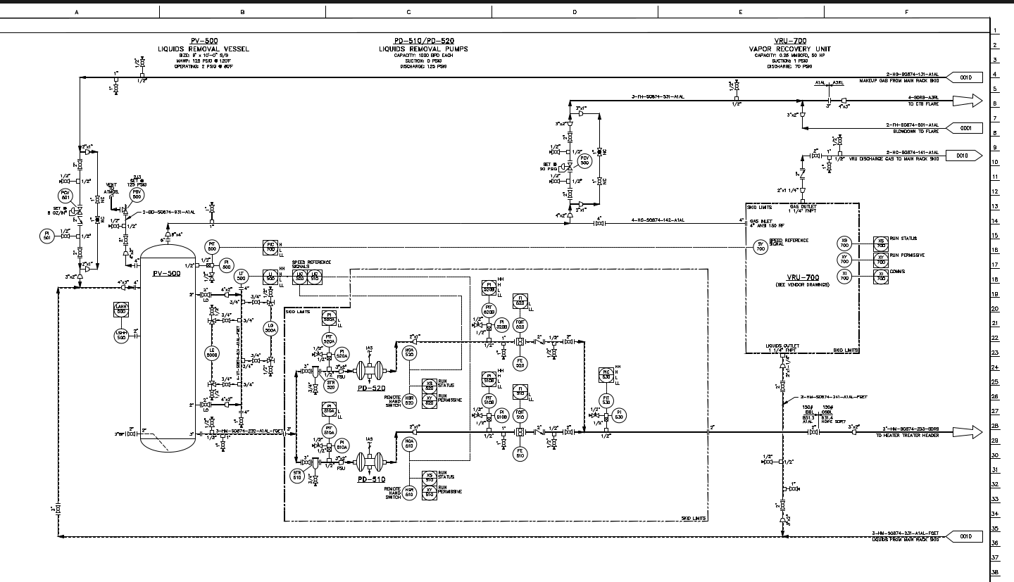 An unannotated piping and instrumentation diagram dense with instrument bubbles and line work