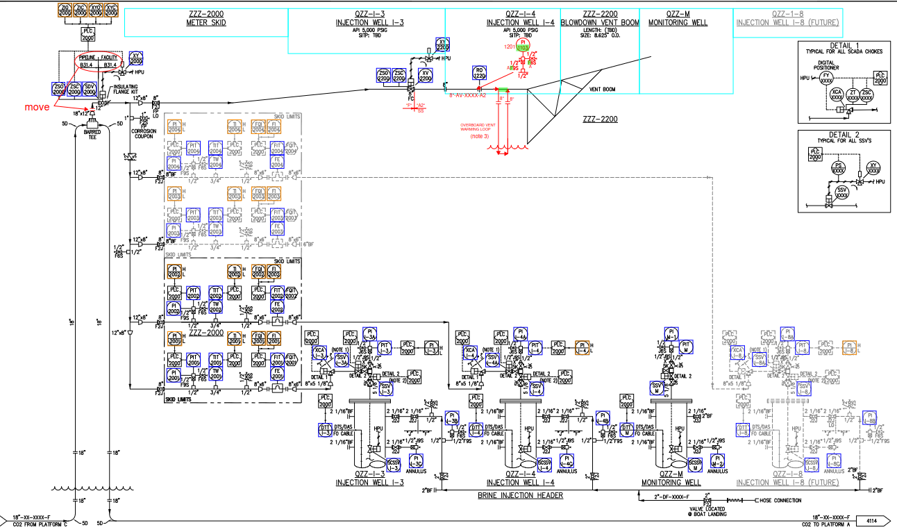 The same dense diagram analyzed, with detections labeled and markup colors preserved