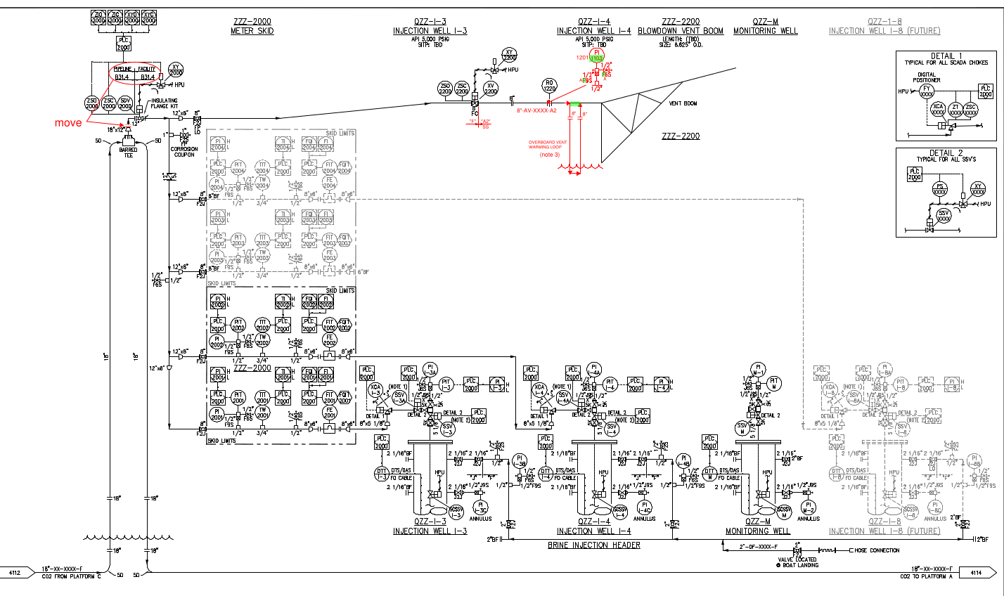 A very dense piping and instrumentation diagram of a meter skid and injection wells, marked up with redlines
