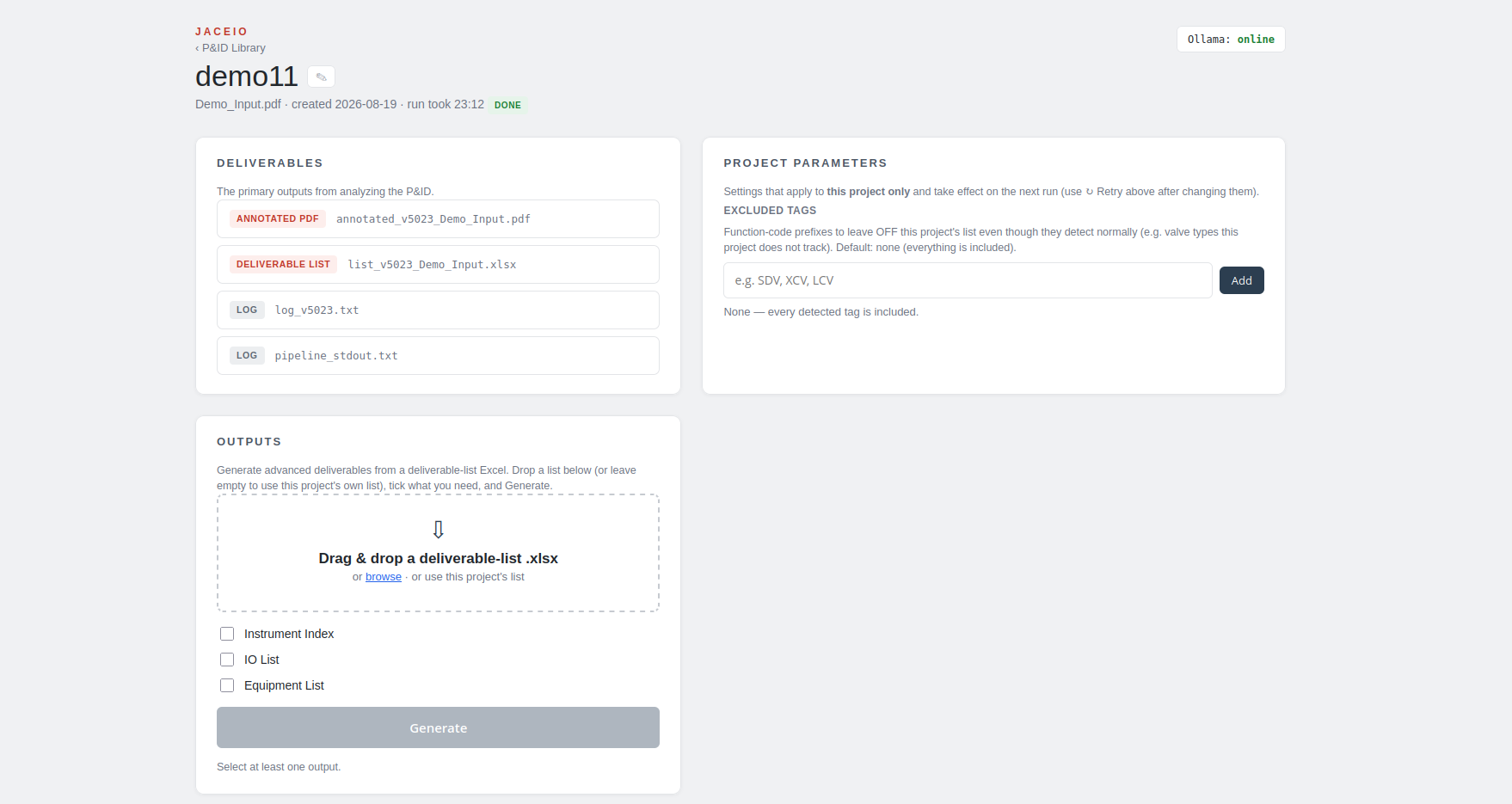 A project page showing generated deliverables, logs, and options for producing additional documents