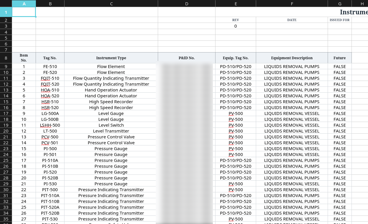 A generated Excel instrument list with tag numbers, instrument types and equipment assignments